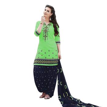 Pretty Parrot Green embroidered cotton unstitched salwar with dupatta 1