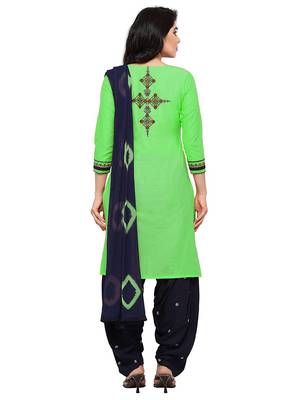 Pretty Parrot Green embroidered cotton unstitched salwar with dupatta 2