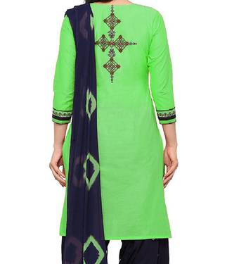 Pretty Parrot Green embroidered cotton unstitched salwar with dupatta 4