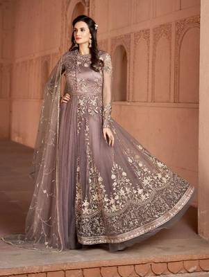 Light Purple Butterfly Net Heavy Embroidery Designer Anarkali Suit 1
