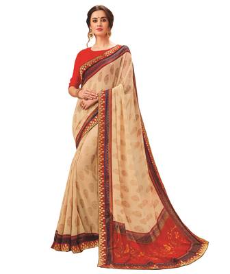 Beige printed georgette saree with blouse 1