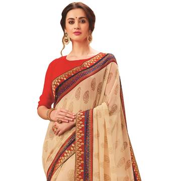 Beige printed georgette saree with blouse 2