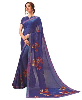 Blue printed georgette saree with blouse 1