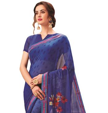 Blue printed georgette saree with blouse 2