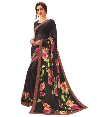 Black printed georgette saree with blouse 1