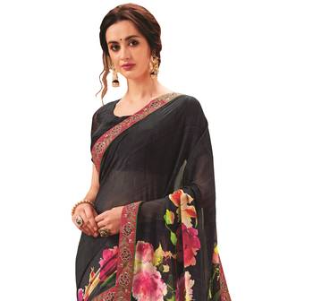 Black printed georgette saree with blouse 2