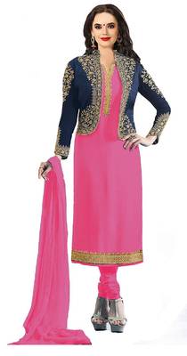 pink embroidered georgette unstitched salwar with dupatta 1