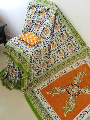 Multicoloured Printed Cotton Indigo Hand Block Flower Printed Saree WIth Colourful Flower Design Along With Blouse 1
