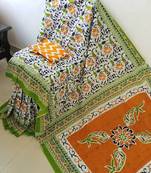 Multicoloured Printed Cotton Indigo Hand Block Flower Printed Saree WIth Colourful Flower Design Along With Blouse