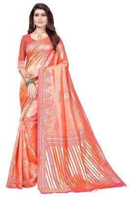Peach Woven Bararasi Saree With Blouse 1