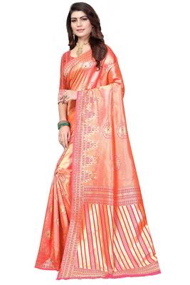 Peach Woven Bararasi Saree With Blouse 2