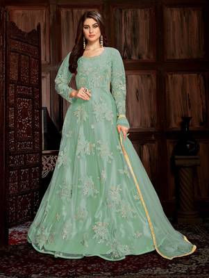 Sea Green Heavy Net with Satin Designer Anarkali Suit 1
