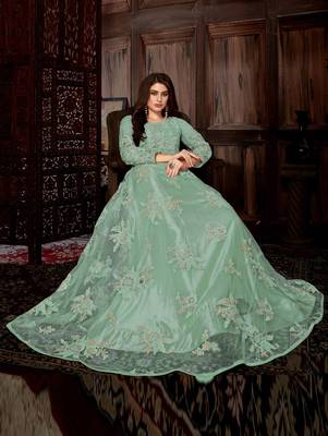 Sea Green Heavy Net with Satin Designer Anarkali Suit 3
