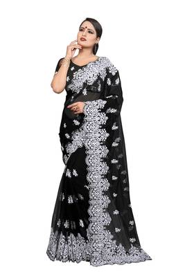 Black Embroidered Net Saree With Blouse 1