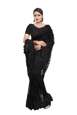 Black Embroidered Net Saree With Blouse 2