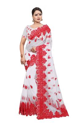 White Embroidered Net Saree With Blouse 1