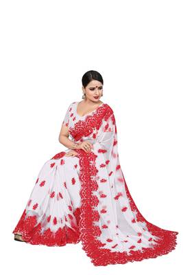 White Embroidered Net Saree With Blouse 2