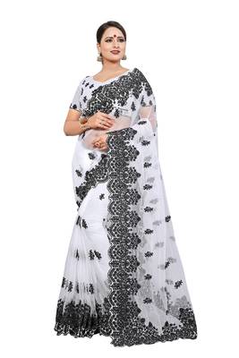 White embroidered net saree with blouse 1