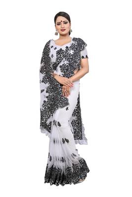 White embroidered net saree with blouse 2