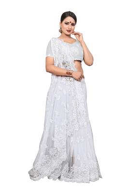 White Embroidered Net Saree With Blouse 2