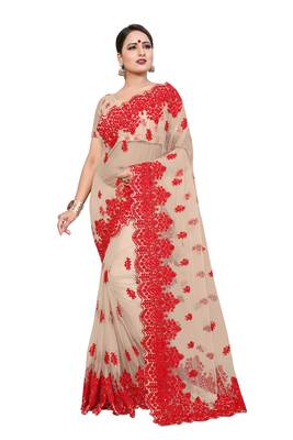 Beige Embroidered Net Saree With Blouse 1