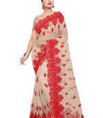 Beige Embroidered Net Saree With Blouse
