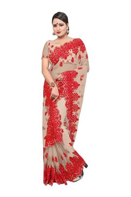 Beige Embroidered Net Saree With Blouse 2