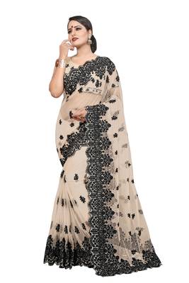 Beige Embroidered Net Saree With Blouse 1