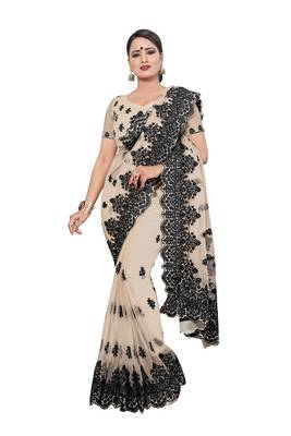 Beige Embroidered Net Saree With Blouse 2