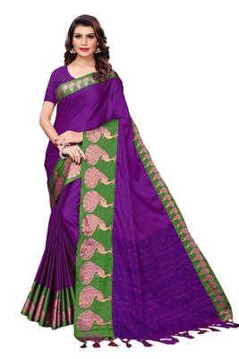 Violet woven cotton silk saree with blouse 1