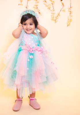 Pink plain net kids-frocks 2