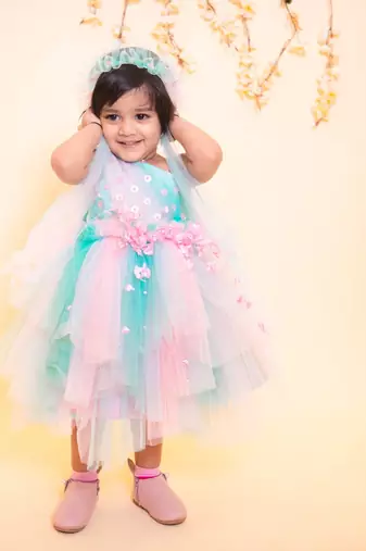 Pink plain net kids-frocks