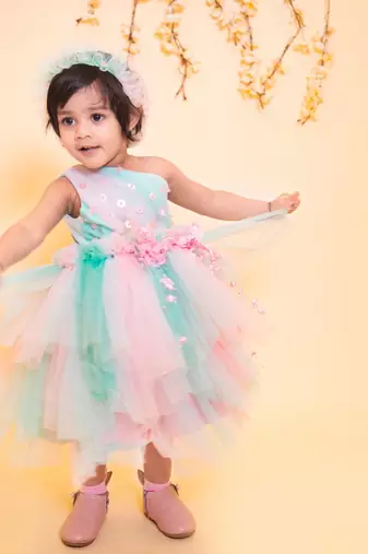 Pink plain net kids-frocks