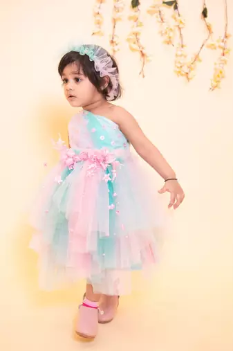 Pink plain net kids-frocks