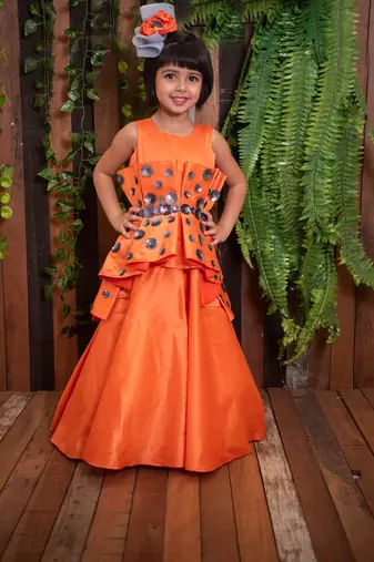 Orange plain art silk kids-girl-gowns