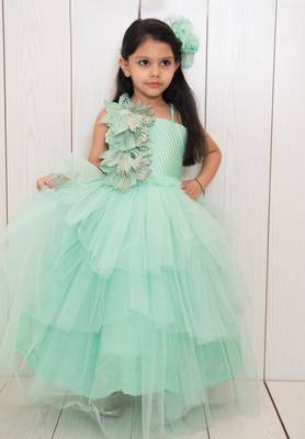 Green plain net kids-girl-gowns 1