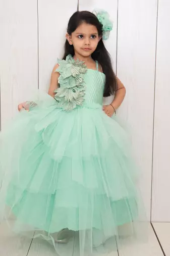 Green plain net kids-girl-gowns