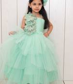 Green plain net kids-girl-gowns