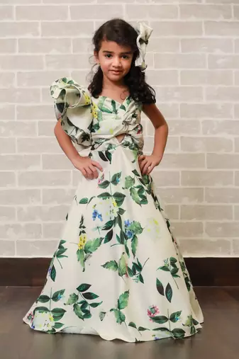 White printed dupion silk kids-girl-gowns