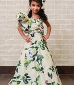 White printed dupion silk kids-girl-gowns