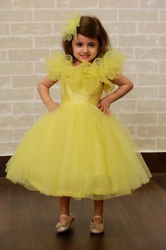 Yellow plain net kids-frocks