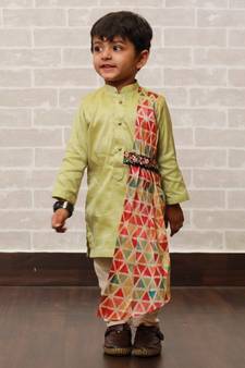 Green plain cotton silk boys-kurta-pyjama