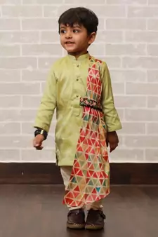 Green plain cotton silk boys-kurta-pyjama