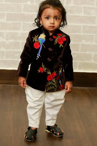 Blue embroidered velvet boys-indo-western-dress