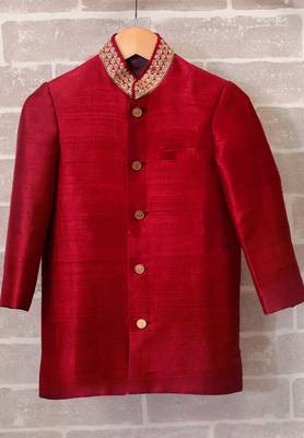 Red plain raw silk boys-indo-western-dress 1
