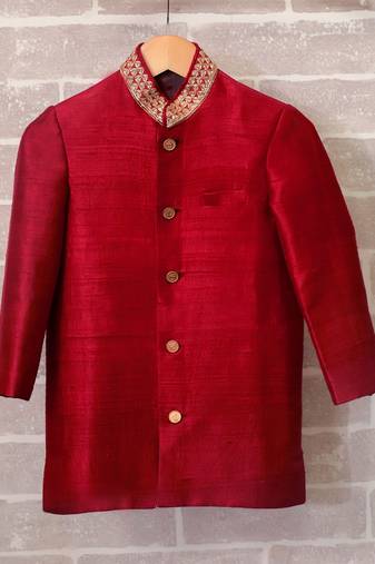 Red plain raw silk boys-indo-western-dress