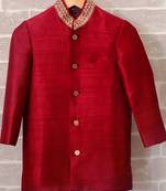 Red plain raw silk boys-indo-western-dress