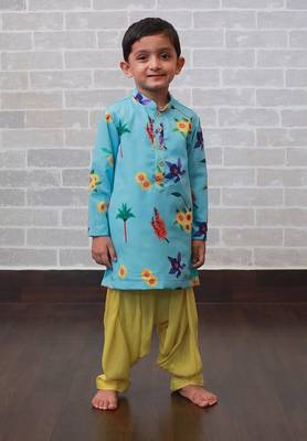Blue printed art silk boys-kurta-patiala 1