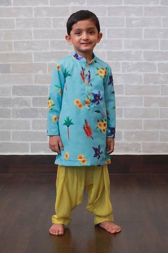 Blue printed art silk boys-kurta-patiala