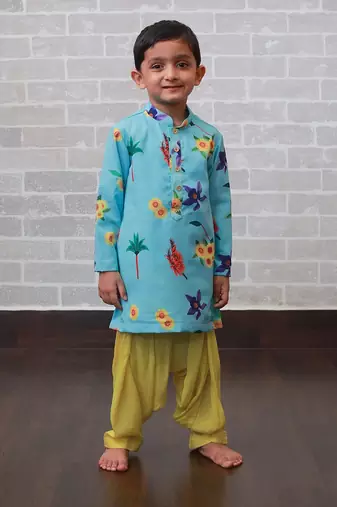 Blue printed art silk boys-kurta-patiala